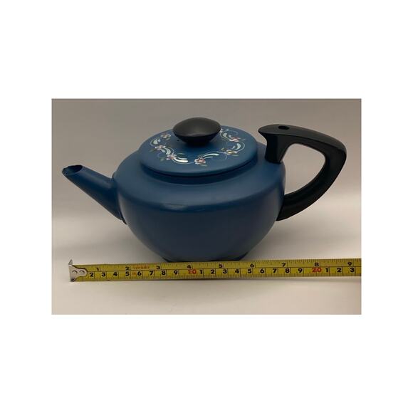 Vintage Mirro Teapot Aluminum Hand Painted Floral and Bird USA Blue with Lid - Picture 8 of 9